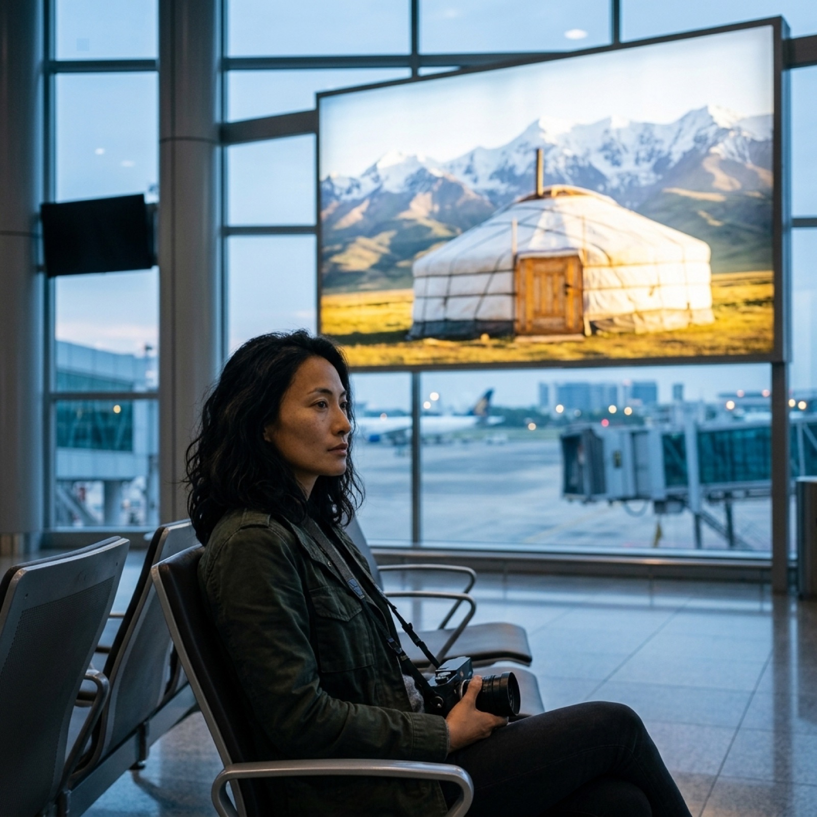 Mei am Gate C42, auf dem Werbebildschirm die Jurte