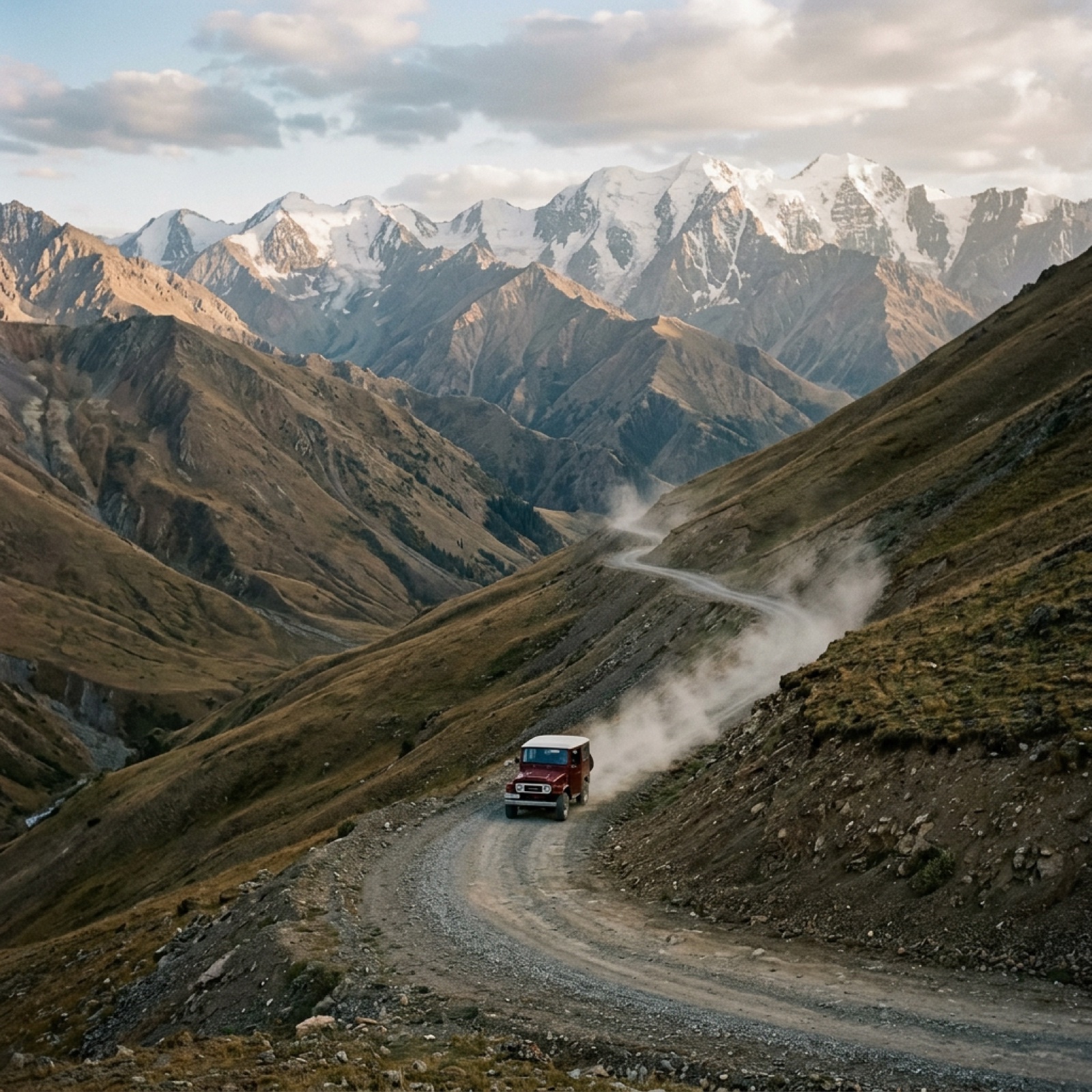 Der rote Jeep auf der Serpentinen-Schotterpiste