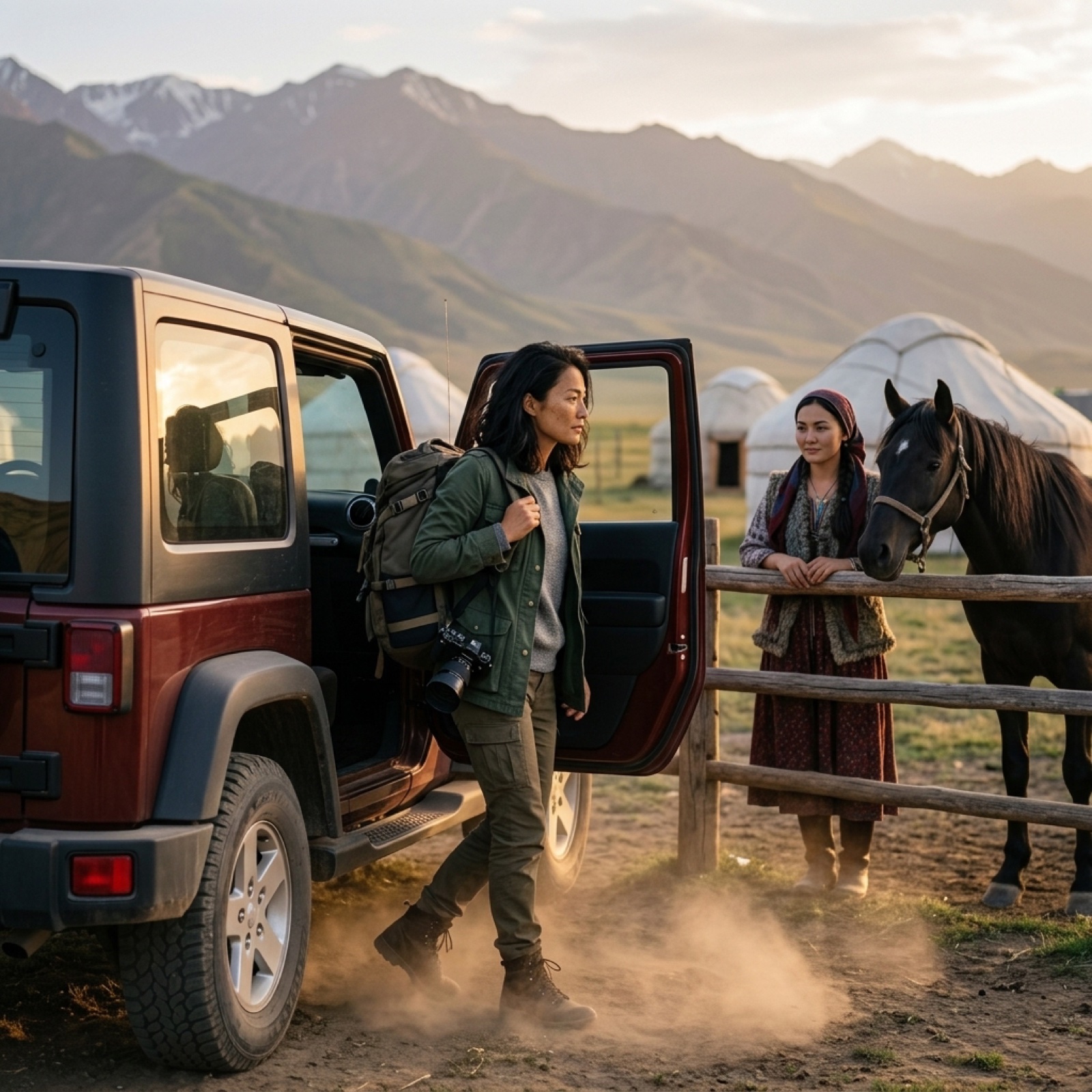 Mei steigt aus dem Jeep, Aizada wartet am Zaun