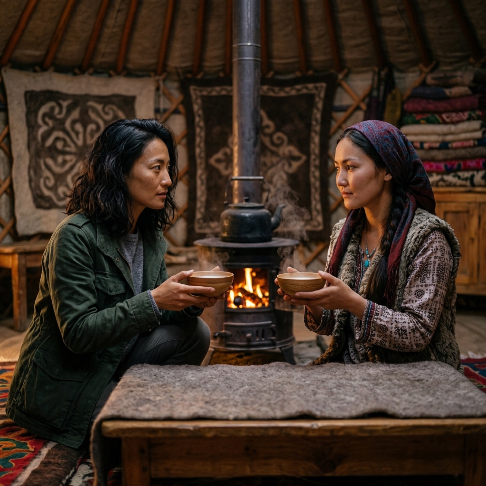 Mei und Aizada beim Buttertee am Ofen