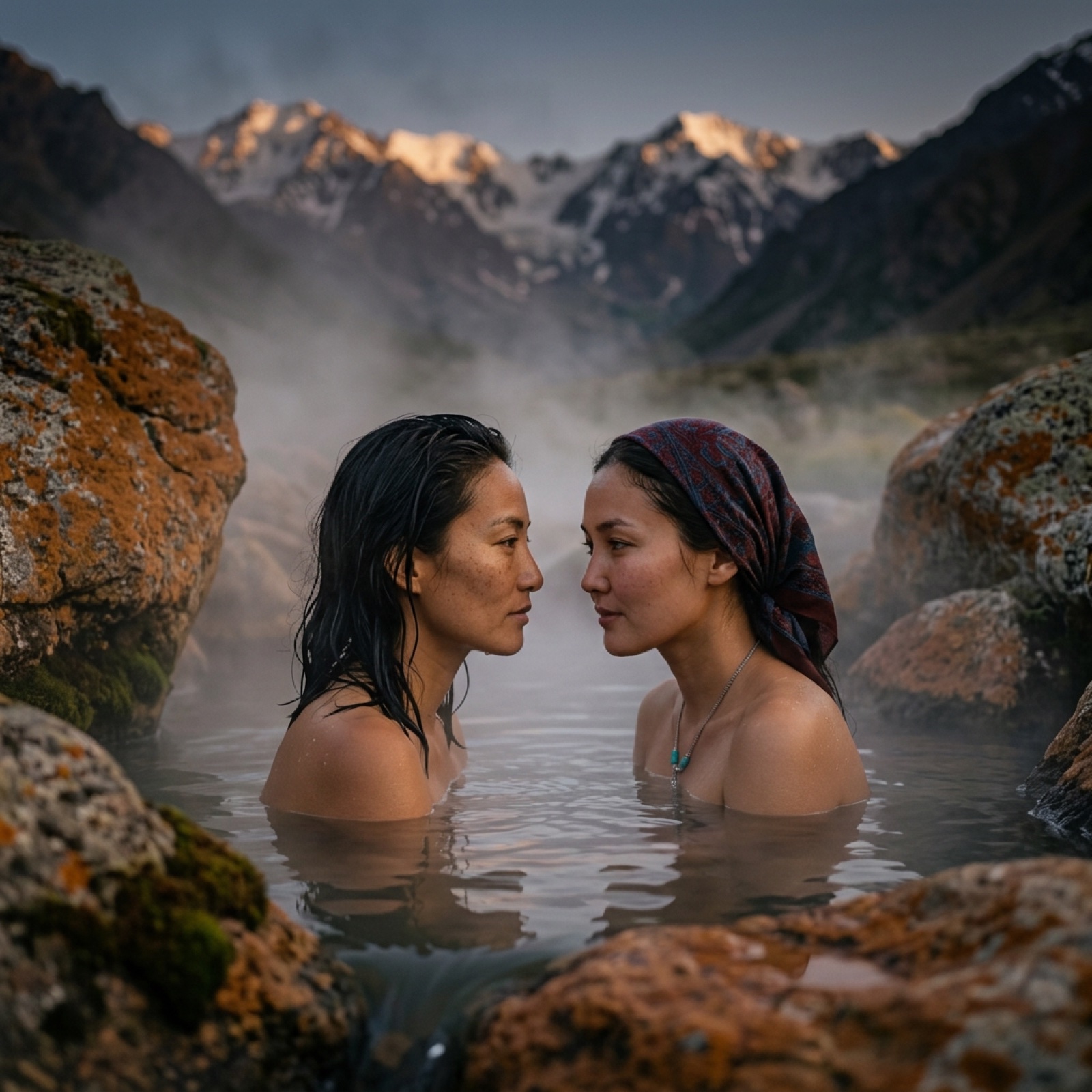 Mei und Aizada in der dampfenden heißen Quelle