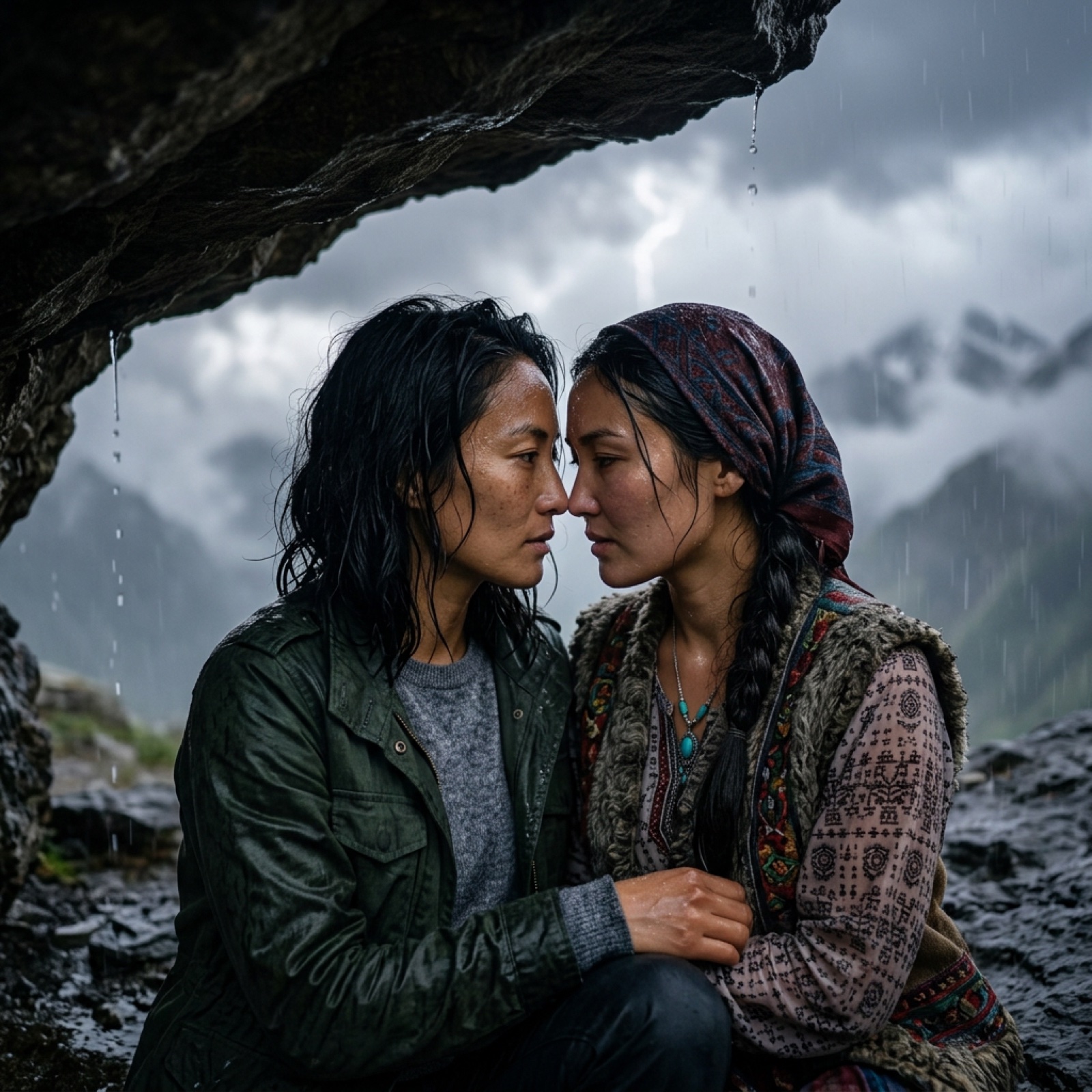 Mei und Aizada unter dem Felsvorsprung im Gewitter