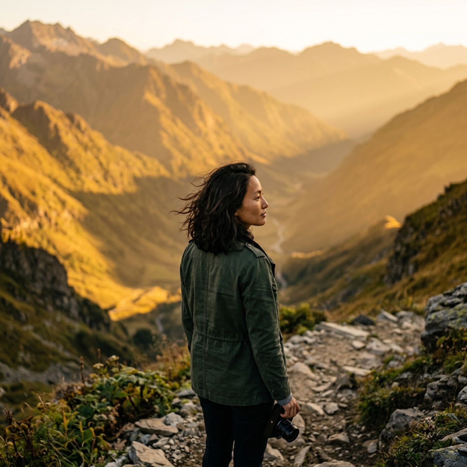 Mei allein am Pass in der Goldenen Stunde, Kamera gesenkt