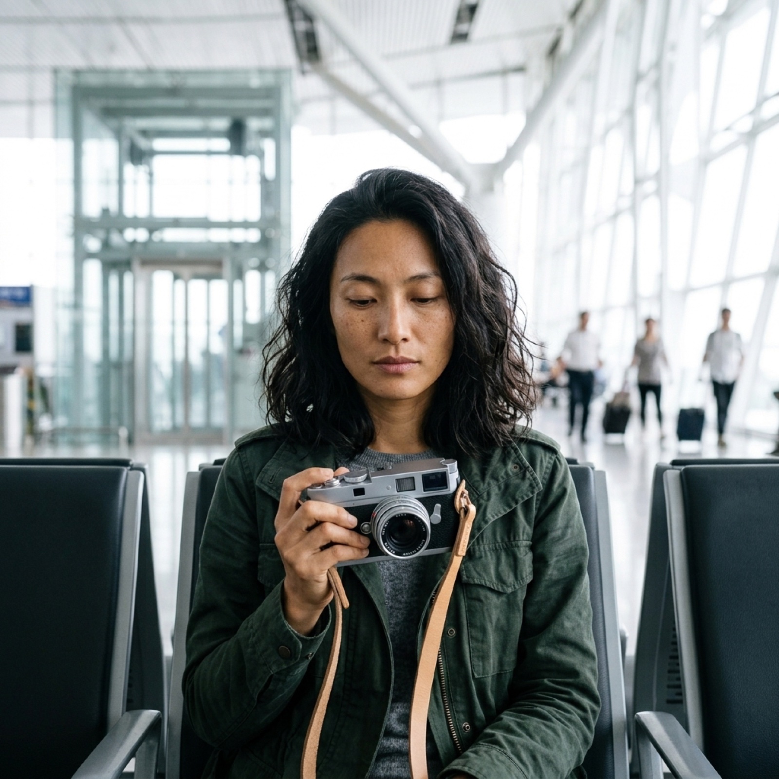 Mei senkt die Leica, die Welt hinter ihr brennt überbelichtet aus