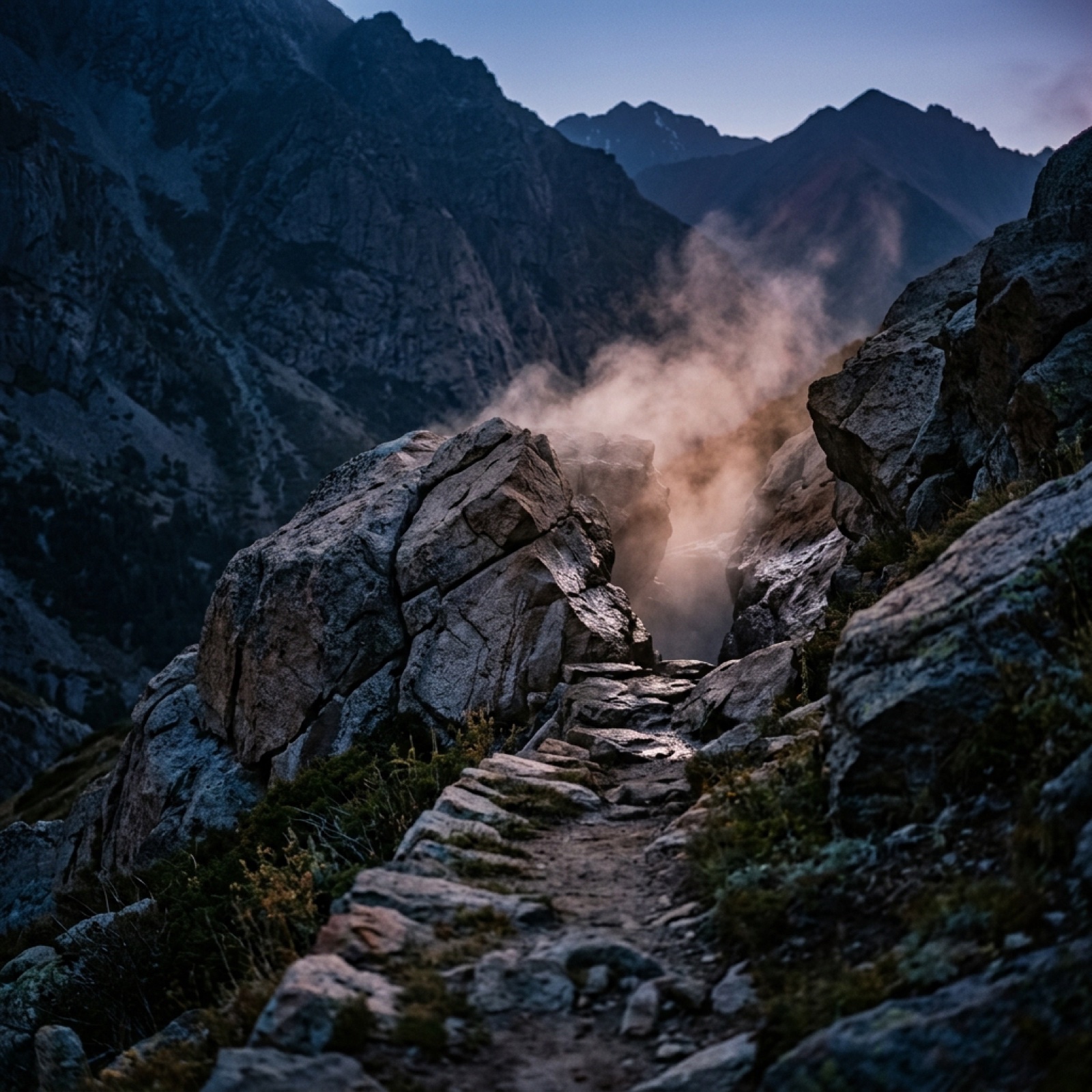 Der Pfad hinter der Felskurve, Dampf steigt zwischen den Felsen auf